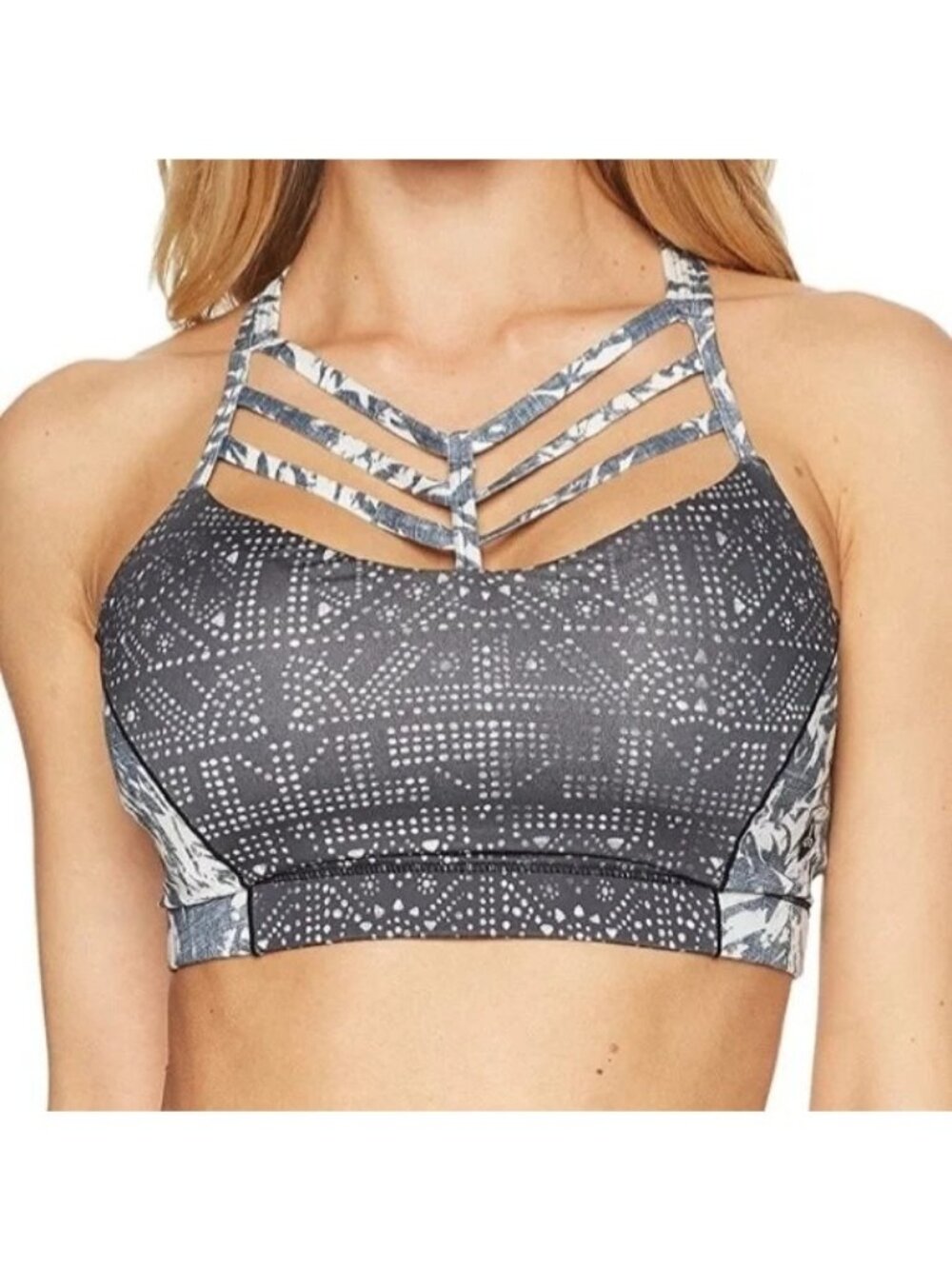 Prana Bra Size Small Riestling Strappy Cage Sports Bra Black Mosaic Polyester